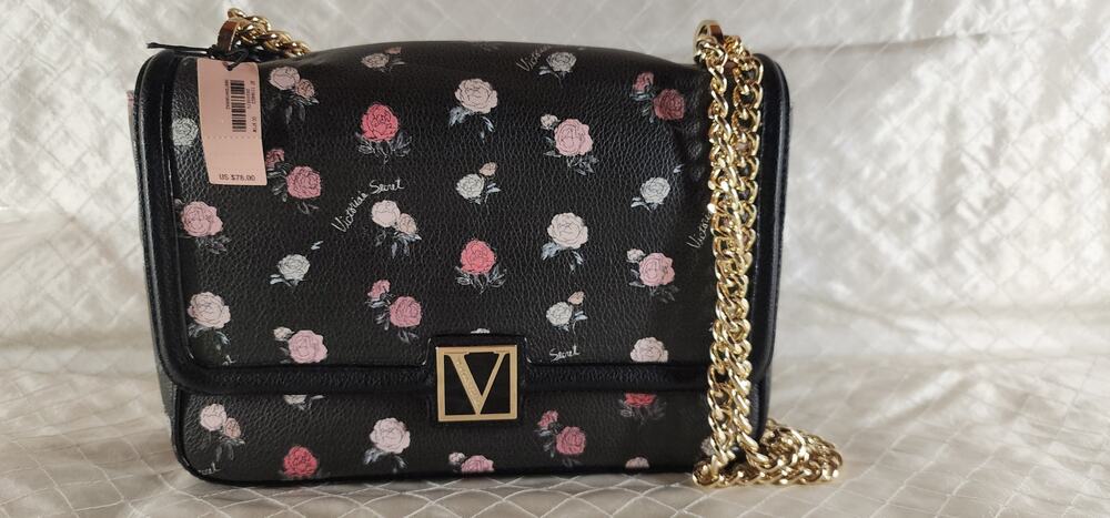 Victoria’s Secret Floral V Logo Chain Shoulder Crossbody Bag Black Rose NWT